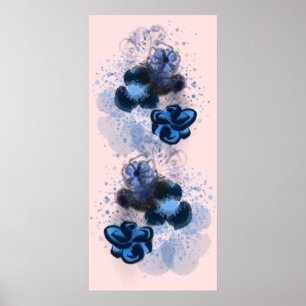 Affiche Aquarelle Bleue Originale Fleurs Orientales Peintu