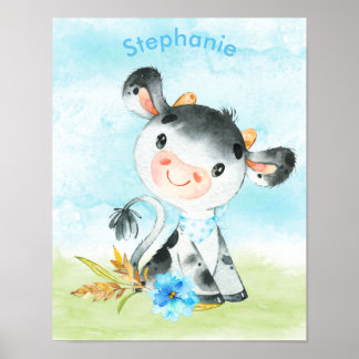 Affiche Aquarelle bleue Petite vache