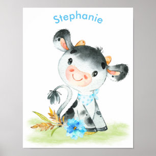 Affiche Aquarelle bleue Petite vache
