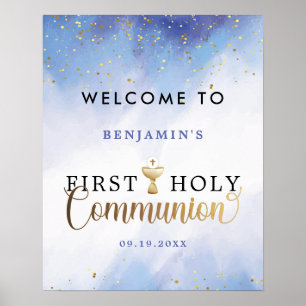 Affiche Aquarelle Bleue Première Communion Sainte Bienvenu
