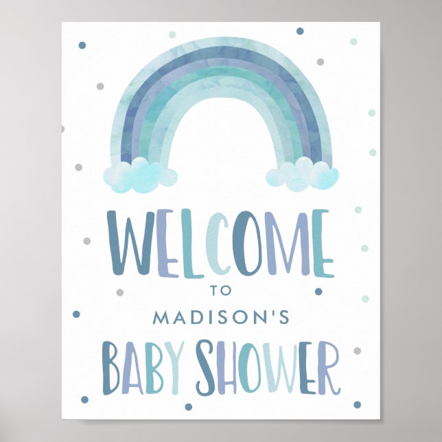 Affiche Aquarelle bleue Rainbow Baby shower Bienvenue (Devant)