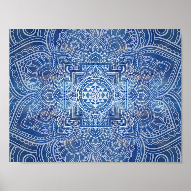 Affiche Aquarelle bleue Sri Yantra / Sri Chakra (Devant)