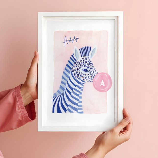 Affiche Aquarelle bleue Zebra Animal Blown Gum Buble (Blue Watercolor Zebra Animal Blowing Gum Bubble Poster)