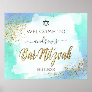 Affiche Aquarelle Blue & Gold Bar Mitzvah Bienvenue