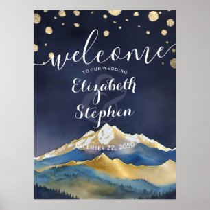 Affiche Aquarelle Blue Gold Foil Mountain Mariage Bienvenu