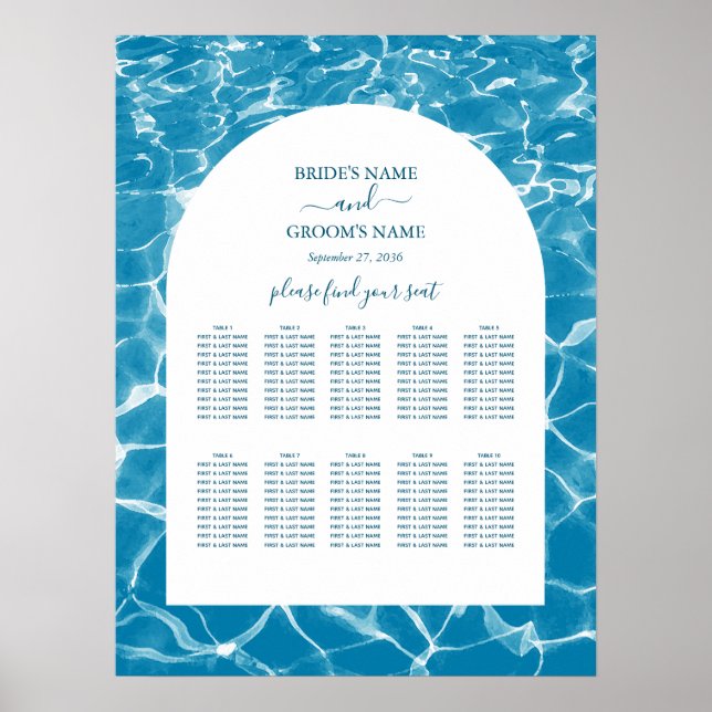 Affiche Aquarelle Blue Ocean Beach Mariage Carte de siège (Devant)