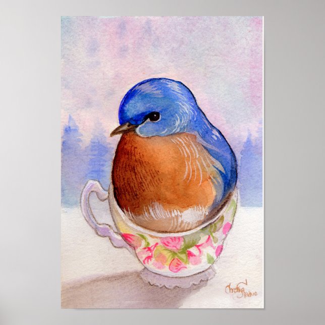Affiche Aquarelle Bluebird Teacup (Devant)