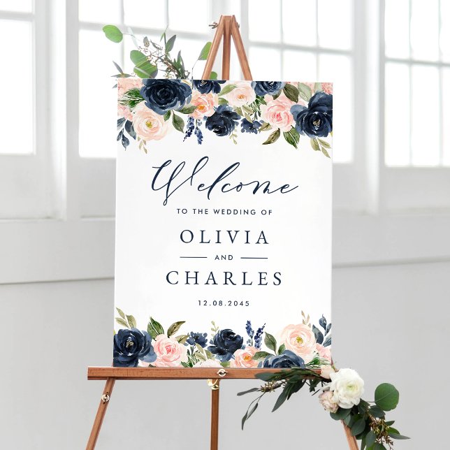 Affiche Aquarelle Blush et Fleurs de marine Mariage Bienve (Customizable floral wedding welcome sign featuring watercolor blush pink and navy blue flowers)