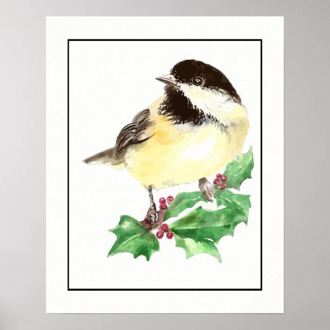 Affiche Aquarelle Boeuf chickadee avec Sprig Holly (Devant)