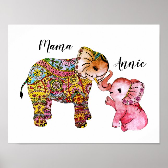 Affiche Aquarelle Boho Rose Cute Elephant Décor Nursery (Devant)