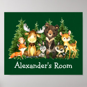 Affiche Aquarelle Bois Animaux Forêts Arbres verts