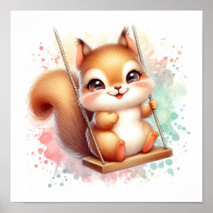 Affiche Aquarelle Bois Bébé Écureuil Nourriture Swing