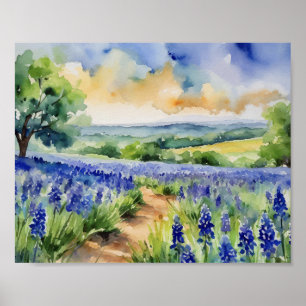 Affiche Aquarelle Bonnet Bleu de Texas Hill