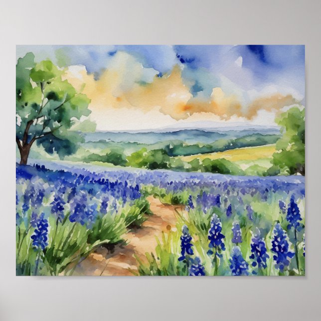 Affiche Aquarelle Bonnet Bleu de Texas Hill (Devant)