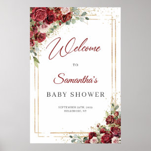 Affiche Aquarelle bordeaux et Baby shower roux bienvenue