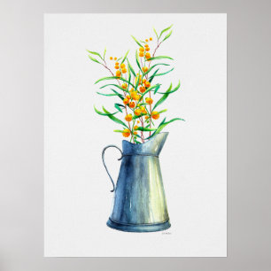 Affiche Aquarelle Botanique Bleu Vase Jaune
