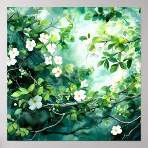 Affiche Aquarelle botanique fleurs blanches feuilles verte