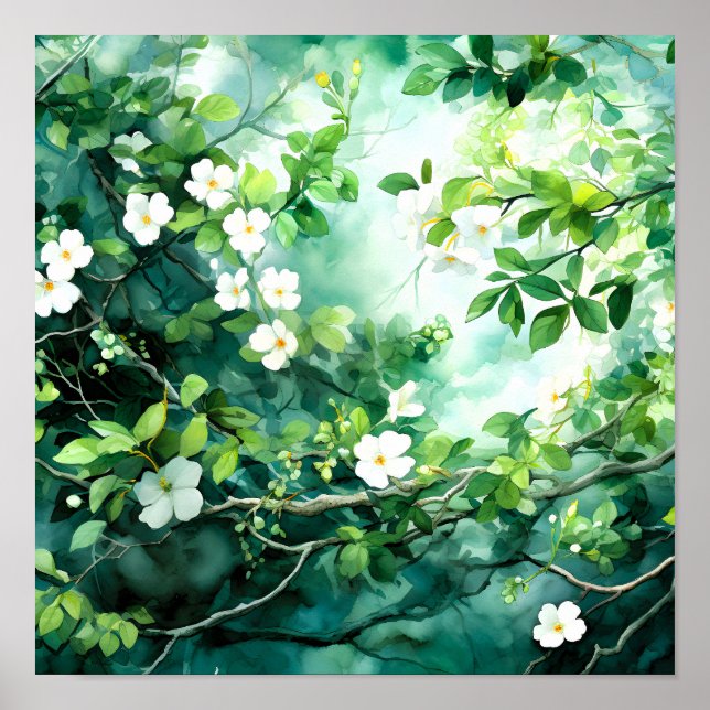 Affiche Aquarelle botanique fleurs blanches feuilles verte (Devant)