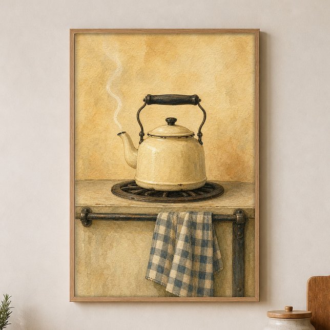Affiche aquarelle Bouilloire émaillée sur la cuisi (Shown framed for scale. Poster ships unframed; frames are an optional add-on.)