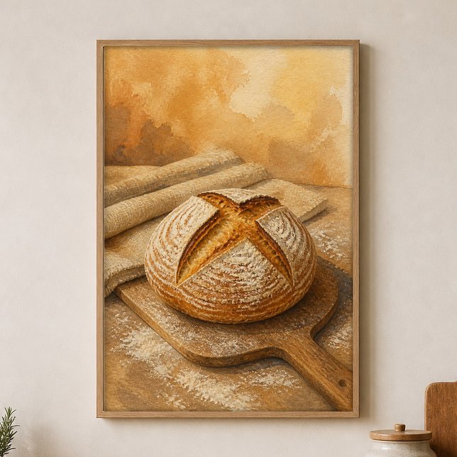 Affiche aquarelle Boule au levain sur une pelle (Shown framed for scale. Poster ships unframed; frames are an optional add-on.)