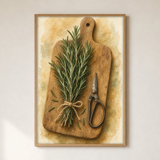 Affiche aquarelle "Bouquet de romarin et ciseaux" (Shown framed for scale. Poster ships unframed; frames are an optional add-on.)
