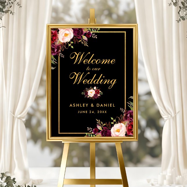 Affiche Aquarelle Bourgogne Noir Mariage d'or Bienvenue (Customize to change text size, text style or background color.)