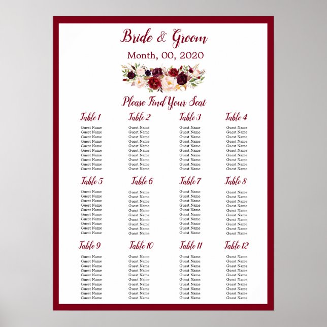 Affiche Aquarelle Bourgogne Rouge Rose Mariage Carte de si (Devant)