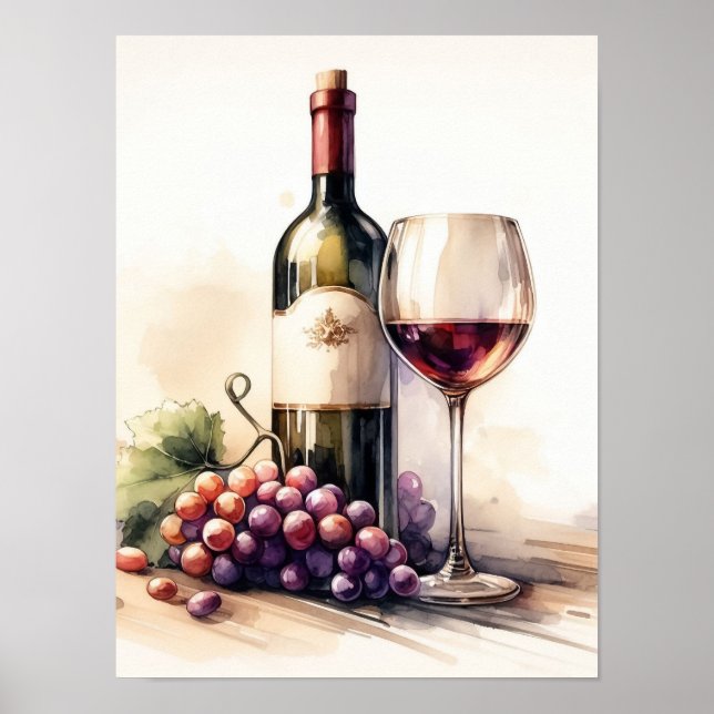 Affiche Aquarelle Bouteille de vin et raisins (Devant)