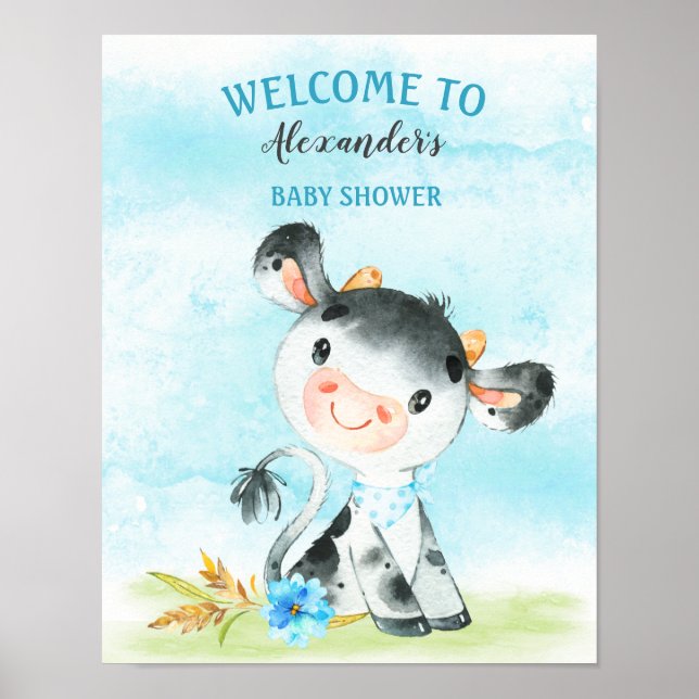 Affiche Aquarelle Boy Vache Baby shower fermeBébé douche (Devant)