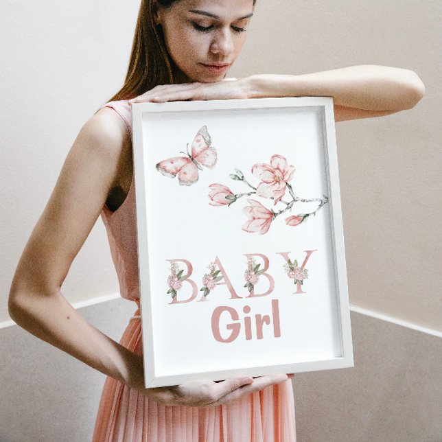 Affiche Aquarelle Brousse rose papillon Floral Nursery (Créateur téléchargé)