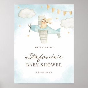 Affiche Aquarelle Bunny Avion Blue Baby shower Bienvenue