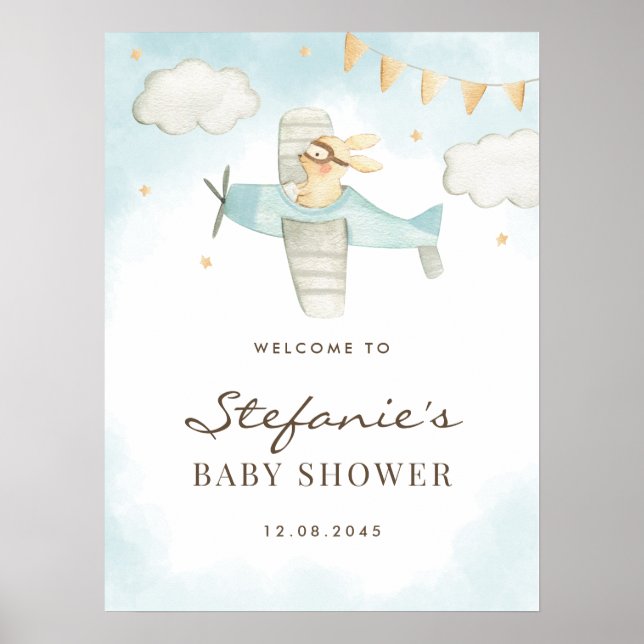 Affiche Aquarelle Bunny Avion Blue Baby shower Bienvenue (Devant)