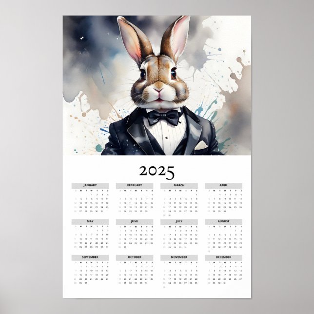 Affiche Aquarelle Bunny Tuxedo Bow Cravate 2025 Calendrier (Devant)
