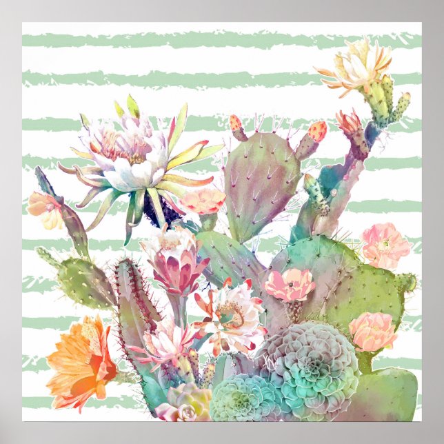 Affiche Aquarelle cactus, motifs floraux et rayures (Devant)