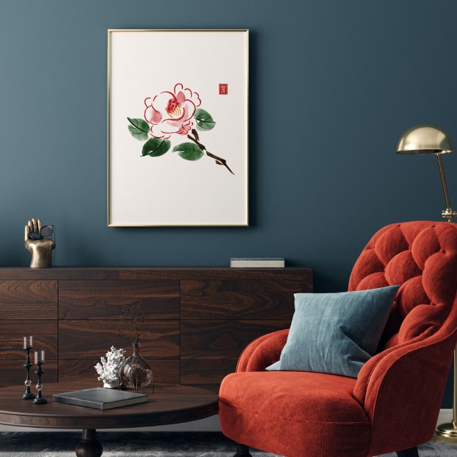 Affiche Aquarelle Camellia rose Fleur hiéroglyphe richesse (Créateur téléchargé)