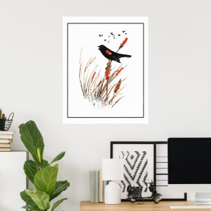 Affiche Aquarelle Carouge à épaulettes Oiseau Nature art