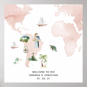 Affiche Aquarelle Carte de Rio Destination Mariage Bienven