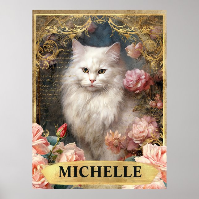 Affiche Aquarelle Chat Blanc Vintage et Roses Roses (Devant)