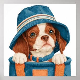 Affiche Aquarelle Chien Brun Blanc Chapeau Bleu Animal De 