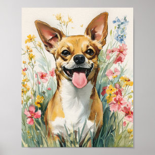 Affiche Aquarelle Chihuahua dans la prairie Fleur sauvage 