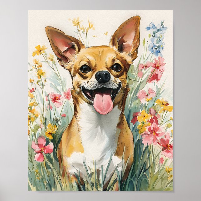 Affiche Aquarelle Chihuahua dans la prairie Fleur sauvage  (Devant)