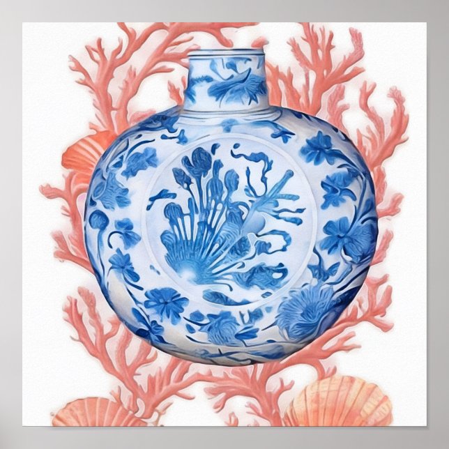 Affiche Aquarelle Chinoiserie Ginger Jar et Coral (Devant)