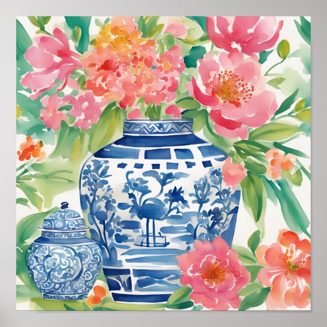 Affiche Aquarelle Chinoiserie Ginger Jar of Flowers (Devant)