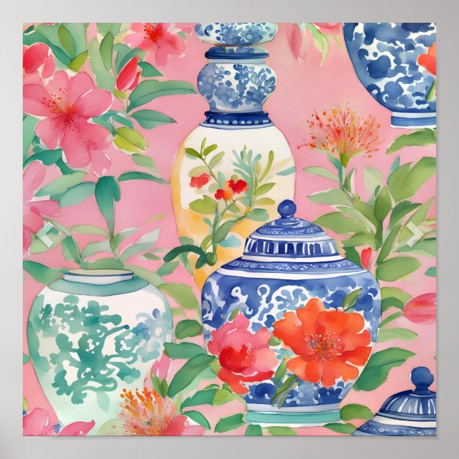 Affiche Aquarelle Chinoiserie Ginger Jars & Fleurs (Devant)