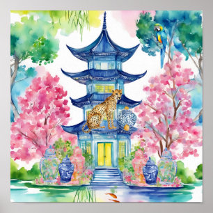 Affiche Aquarelle Chinoiserie Pagoda Cheetah Ginger Jar