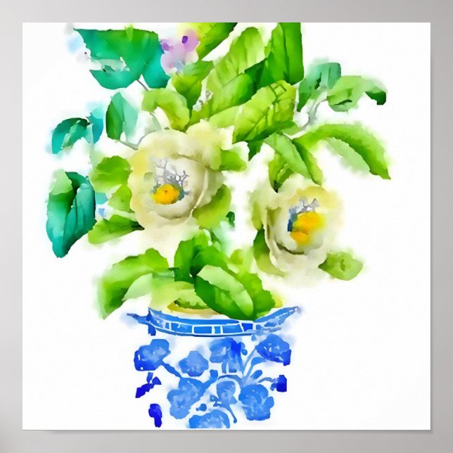 Affiche Aquarelle Chinoiserie Vase avec Fleurs (Devant)