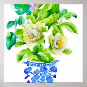 Affiche Aquarelle Chinoiserie Vase avec Fleurs