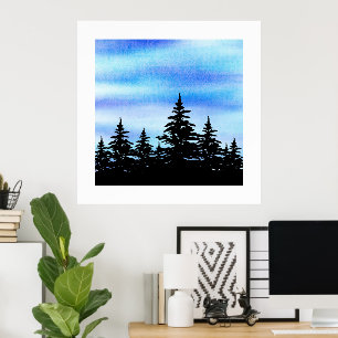 Affiche Aquarelle Ciel Bleu Violet et Silhouette d'Arbres