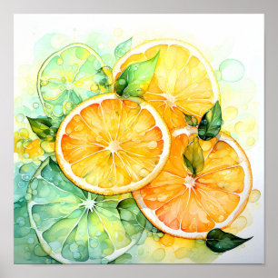 Affiche Aquarelle Citron Orange Citron Vert Botanique Cuis