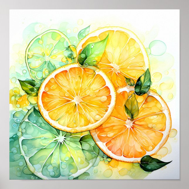 Affiche Aquarelle Citron Orange Citron Vert Botanique Cuis (Devant)